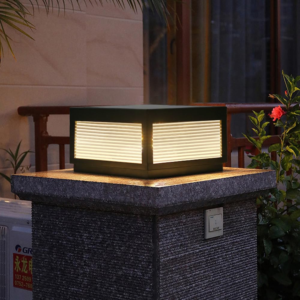 HELCEKOU Modern Outdoor Post Light Fixture Black Stainless Steel Lantern with Clear Glass Stripes Ideal for Garden Patio Courtyard & Backyard Lighting