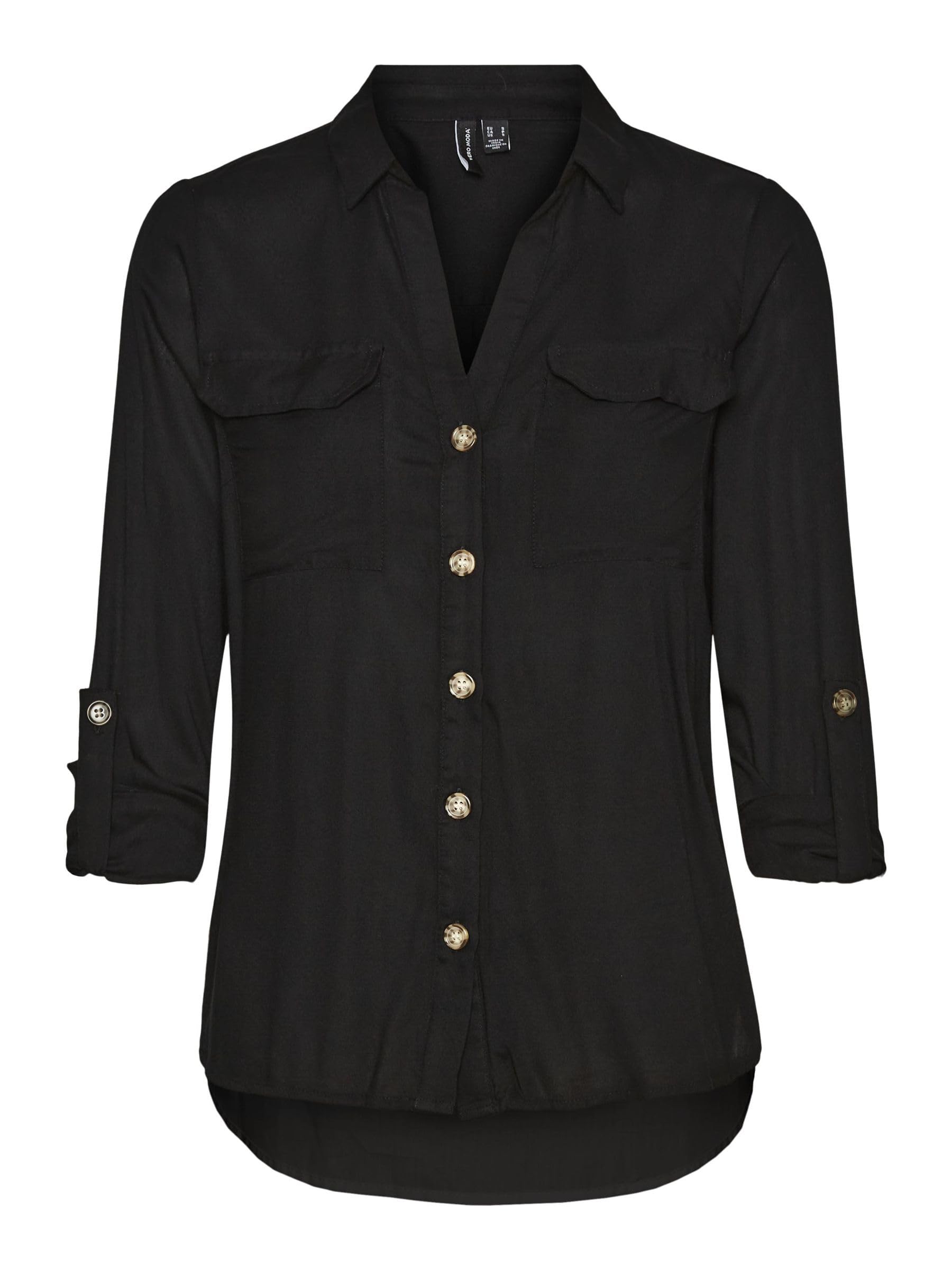 Vero Moda Blusa de Mujer Bolsillos en el Pecho, Amplia y elástica, Manga 3/4 - Top Informal