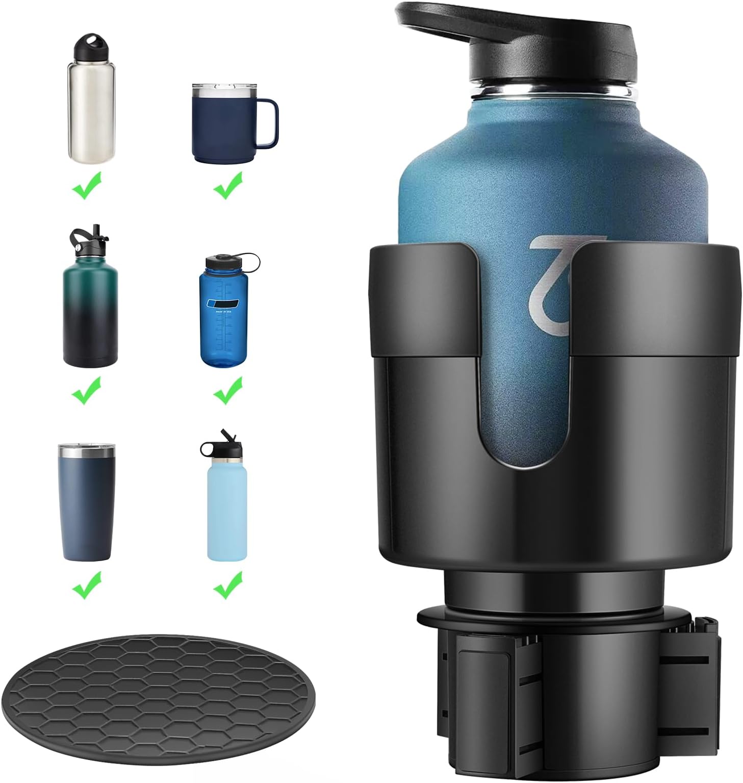 TYKOR Car Cup Holder Expander, Cup Holder Extender for Car with Adjustable Base, Fits Yeti 24/36/46oz, Hydroflask 32/40oz, Large Bottles in 3"-3.9" (16-40oz)