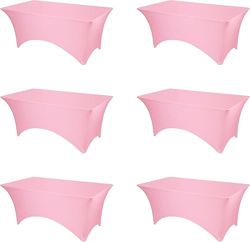 Paquete de 6 manteles de elastano ajustados color rosa, manteles elásticos de 6 pies para mesas rectangulares de 6 pies, tela de lino elástica a
