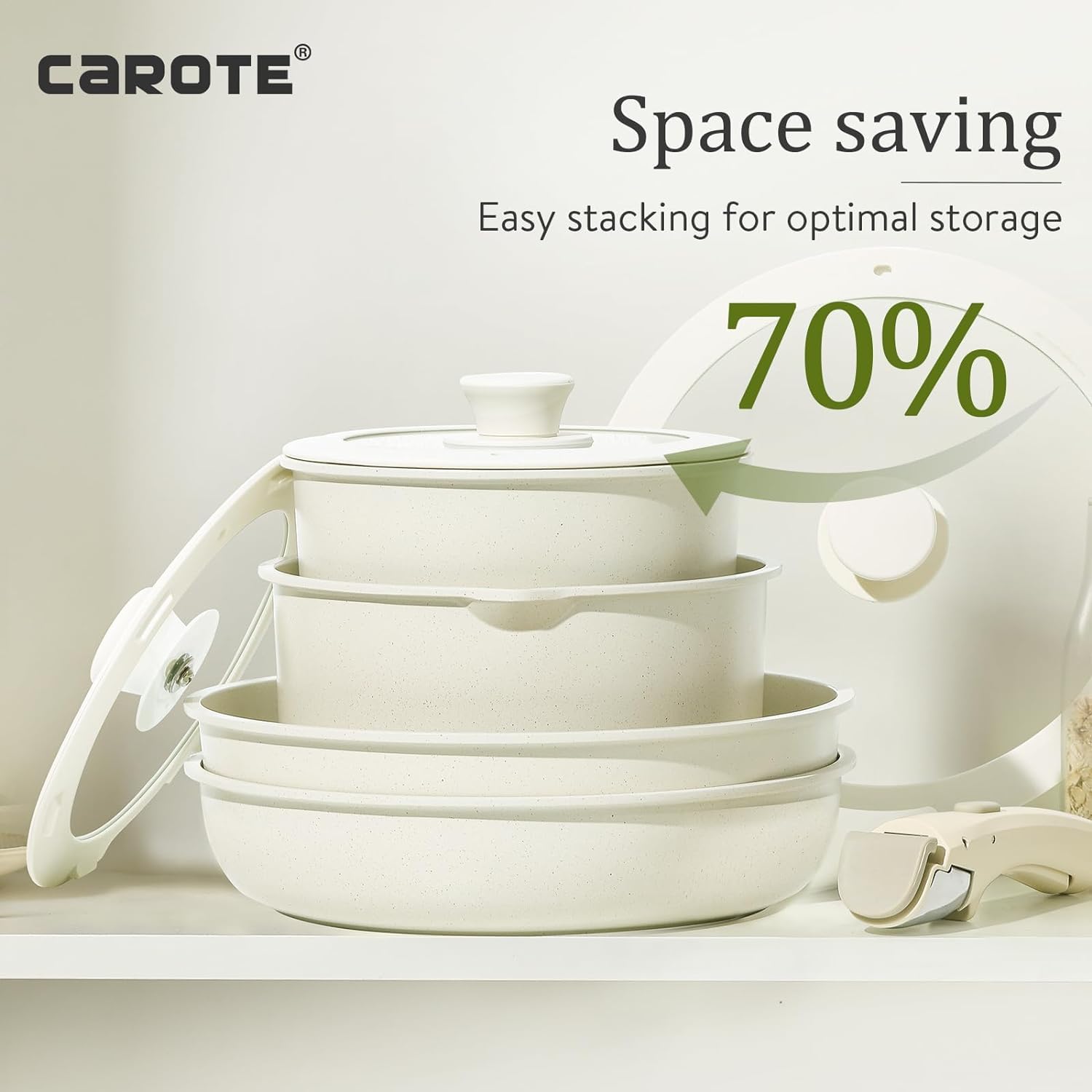 CAROTE Batteria da cucina a induzione, rivestimento antiaderente, padella a induzione 22 cm/26 cm/30 cm, casseruola 18 cm/22 cm, manico rimovibile, adatto al forno, set di poele e casseruola con