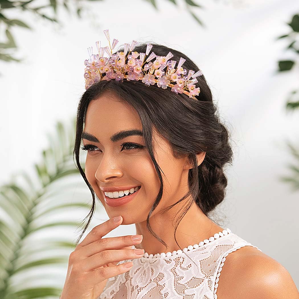IYOU Rhinestone Wedding Headband Crown Purple Flower Hair Bands Tiaras Crystal Bridal Hair Accessories for Women - Image 2