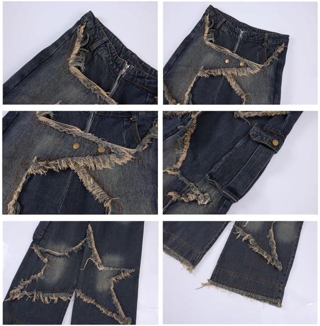 Hopecn Y2K Baggy Jeans Women&Men Star Patch Aesthetic High Waist Straight Leg Pants Vintage Fashion Grunge Streetwear. - Image 5