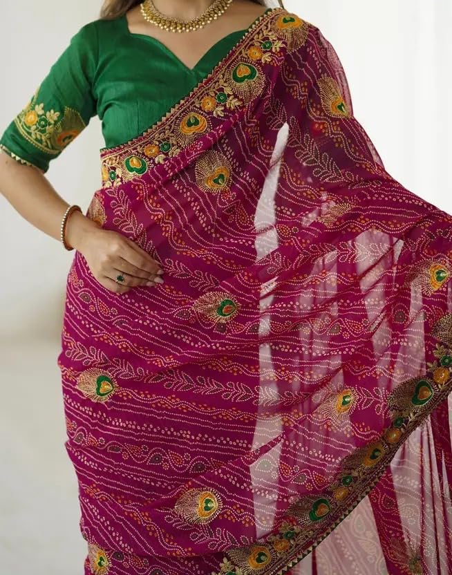 Image of Women's Georgette Bandhani Printed Embroidery Saree with Unstitched Blouse Piece
