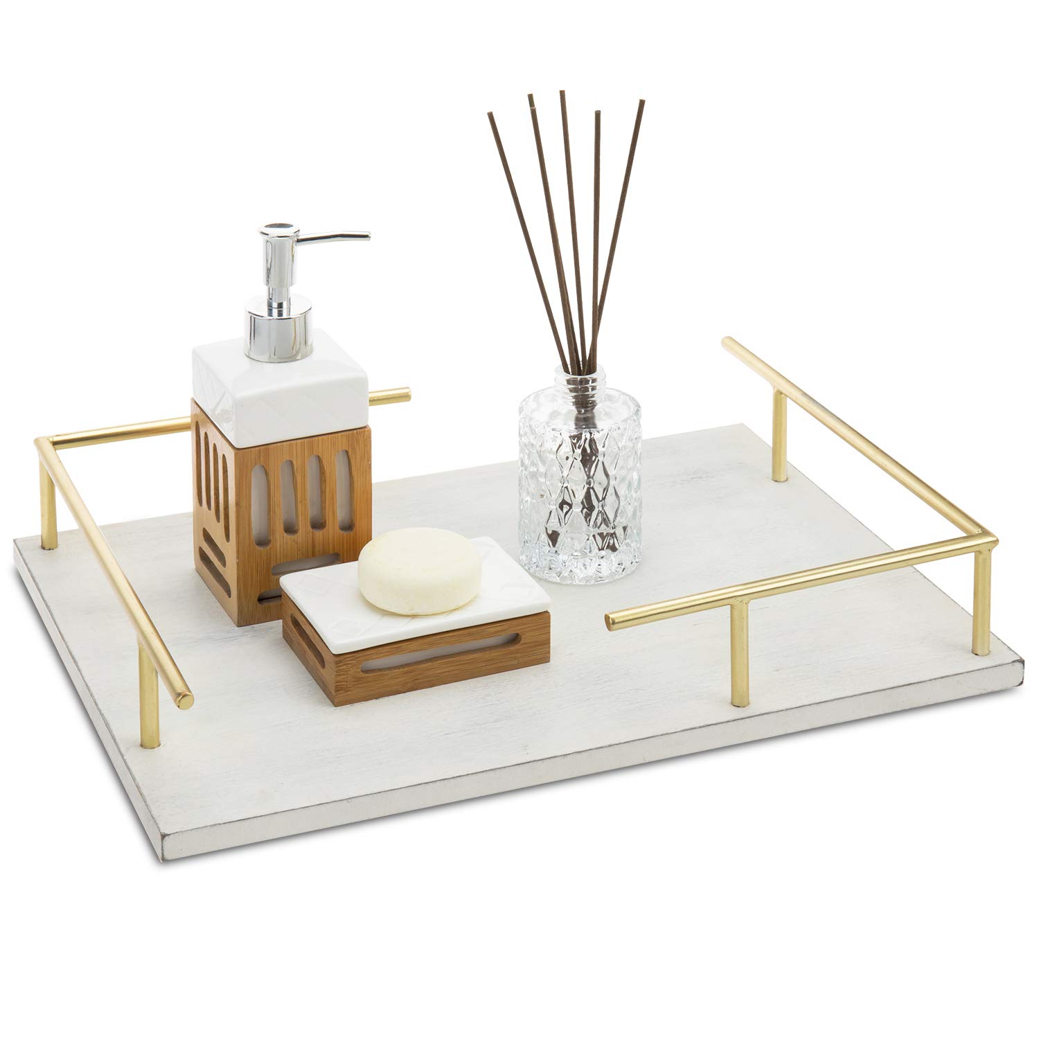 Mygift 16 5 Inch Vintage White Wood Vanity Tray With Brass Tone Metal Handles Holders Dispensers Amazon Com Au