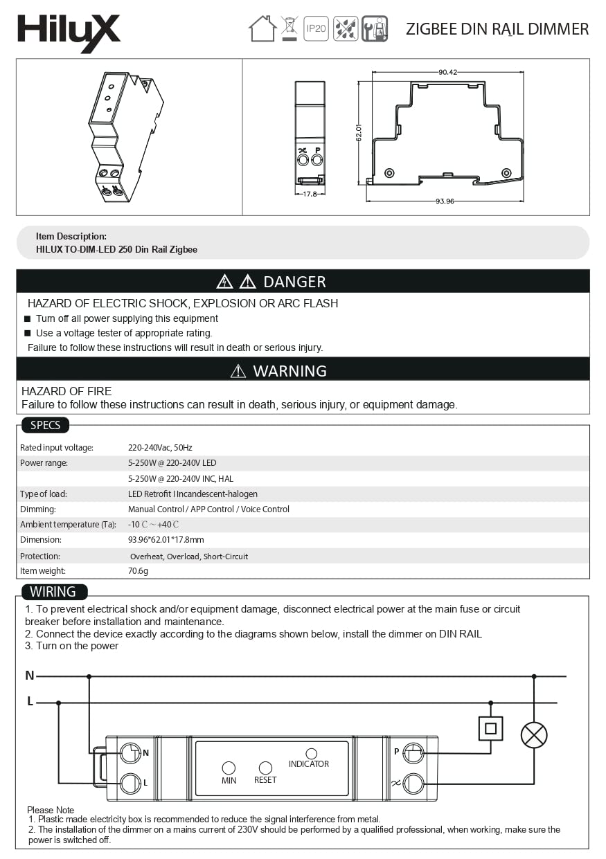 HiluX Zigbee DIN-Schienen-Dimmer – einfach dimmen mit Push, kompatibel mit Philips Hue, bis zu 250 W LED, Zigbee 3.0, kompatibel mit Apple HomeKit