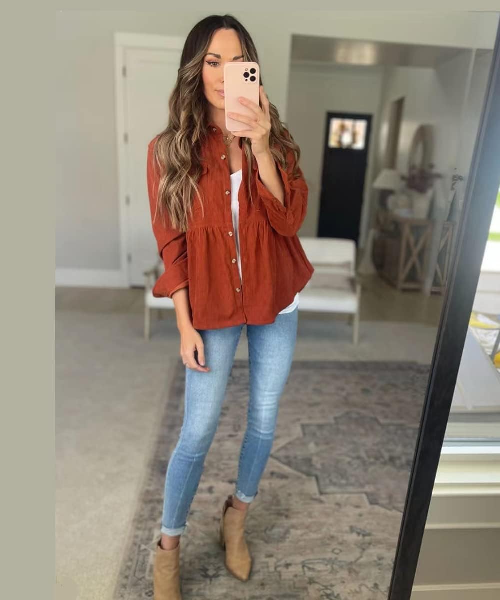 Womens Corduroy Peplum Shacket Jacket Long Sleeve Button Down Babydoll Shirts Oversized Casual Blouses Tops - Image 4