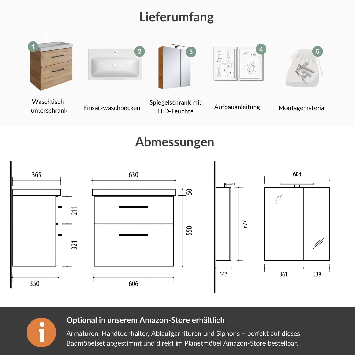 Planetmöbel Badmöbel Set Waschtisch mit Unterschrank 63 x 60 x 36,5 cm, Spiegelschrank 60 cm mit LED-Leuchte (schwarz matt) & Steckdose, Moderne Badezimmer Möbel, Gold Eiche
