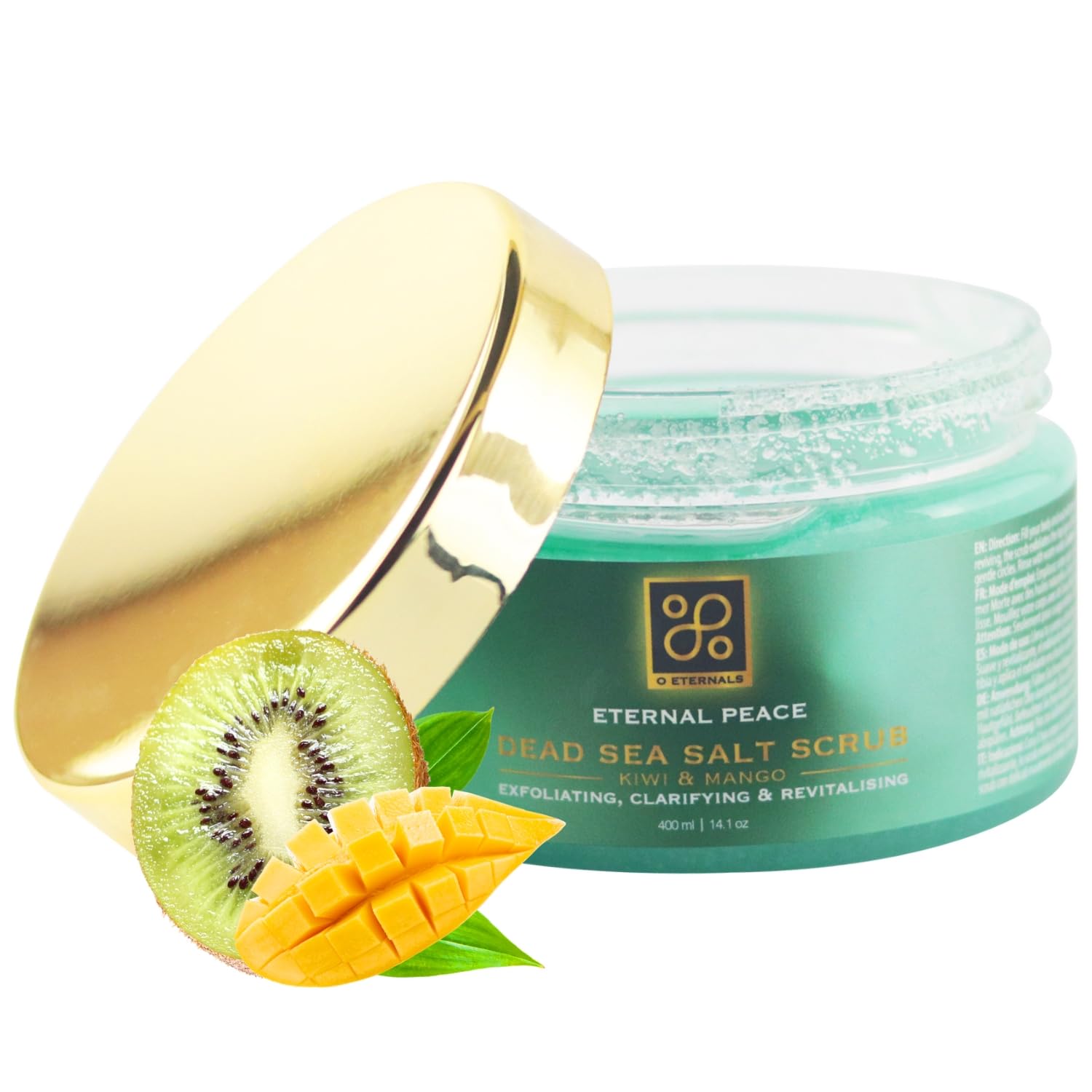 Scrub Kiwi. OEternals Exfoliante Corporal de Sal del Mar Muerto de Kiwi y Mango Eternal Peace. Reduce Cicatrices y Manchas, Hidrata e Ilumina la piel Para todo tipo de Piel Mujer y Hombre.