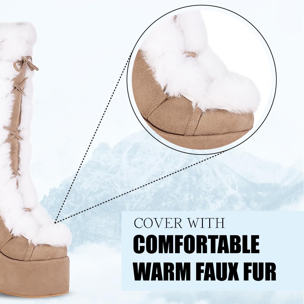 CELNEPHO Knee High Boots For Womens Side Zipper Warm Faux Fur Platform Chunky Heel Punk Goth Walking Winter Snow Boots: 5.5 A-apricot