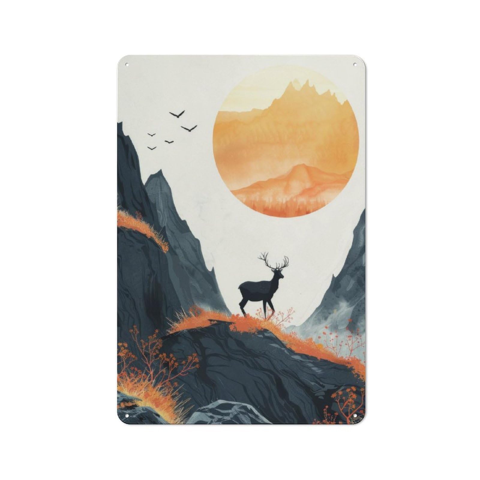 Junmoney Silhouette Stag In Sunrise Metal Wall Sign 30X20cm Featuring For Bar Or Restaurant, For Restaurant Interior Fans