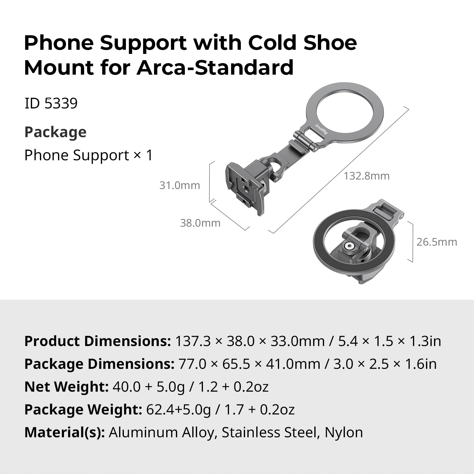 SMALLRIG Metal Phone Mount with Baseplate for Arca-Standard, Compatible for DJI RS 4 Mini, Phone Support with Cold Shoe Mount, Phone Tripod Mount for iPhone 16 15 14 - 5339