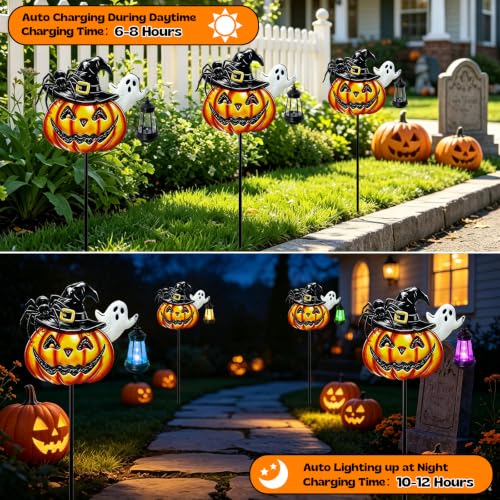 Image of VOOKRY Halloween Pumpkin Lantern Outdoor,Iron Pumpkin with Witch Hat&Spider