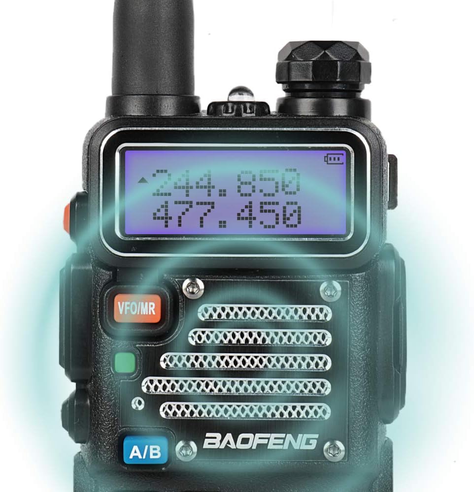 Close-up of Baofeng UV-5RX3 radio display with blue backlight