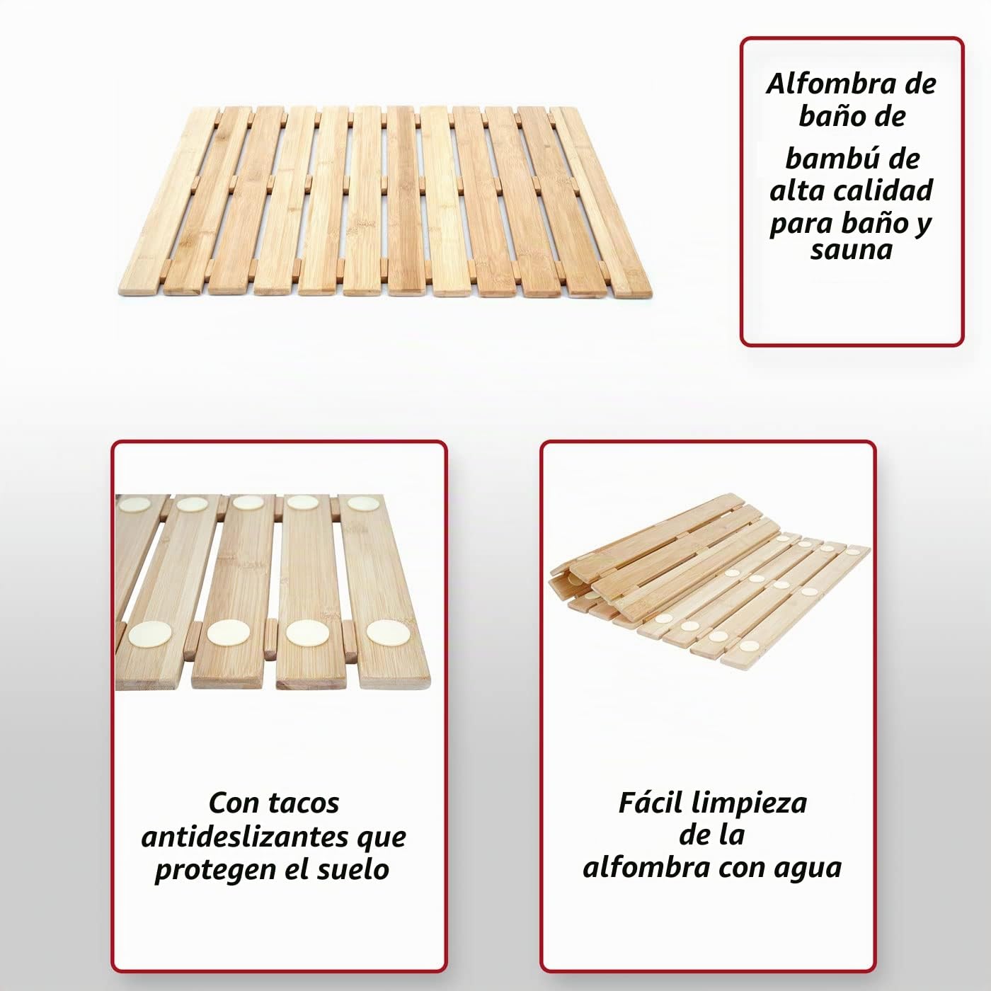 Mendler Alfombrilla de baño HWC-E73, alfombrilla de ducha, alfombra de baño, bambú antideslizante, 60 x 50 cm