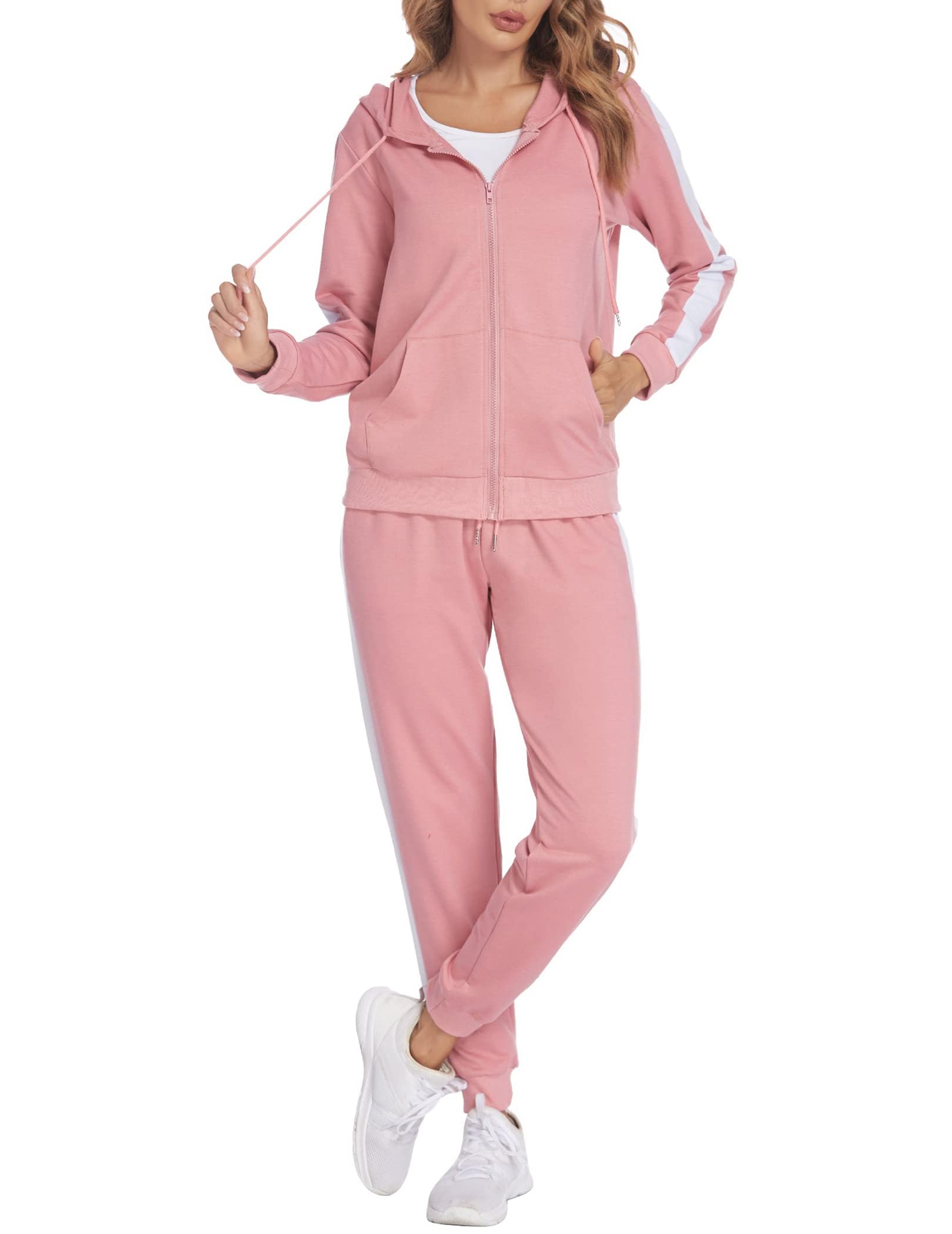 Parabler Damen Elegante Freizetanzug Jogginganzug Set Damen Rosa Trainingsanzug 2 teilig Sportanzug Hausanzug Set Trainingsjacke mit Kapuze L