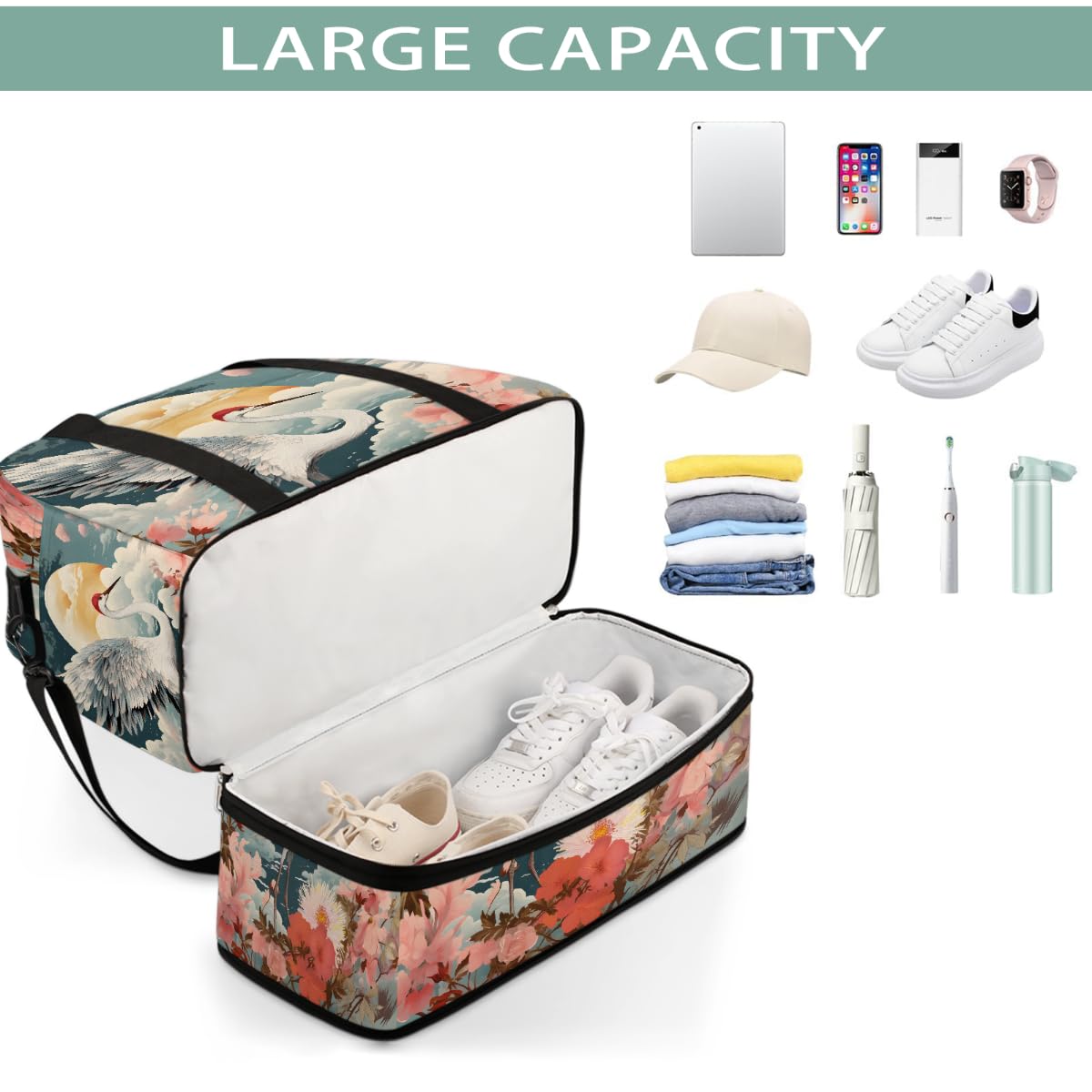 Borsone da viaggio pieghevole da viaggio con gru con corona rossa, borsa da palestra espandibile con scomparto per scarpe, borsa da weekend di grande capacità, borsa da viaggio per viaggi, sport