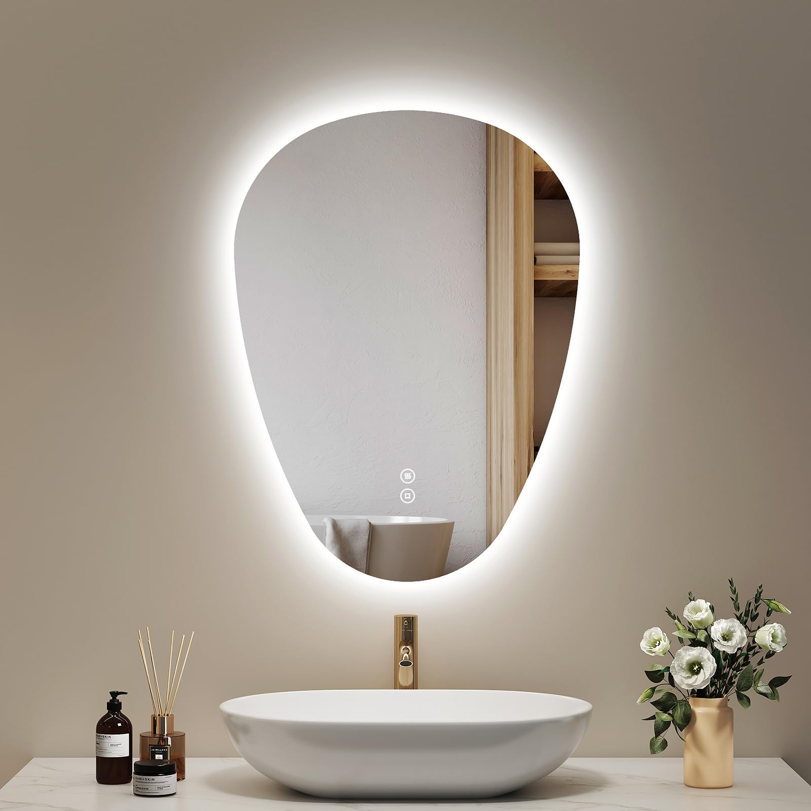 EMKE Espejo de baño con iluminación, 70 x 50 cm, Espejo asimétrico con Tacto, 3 Colores de luz Regulable, antivaho, Espejo de baño con iluminación, IP44, Ahorro de energía, Espejo de baño LED