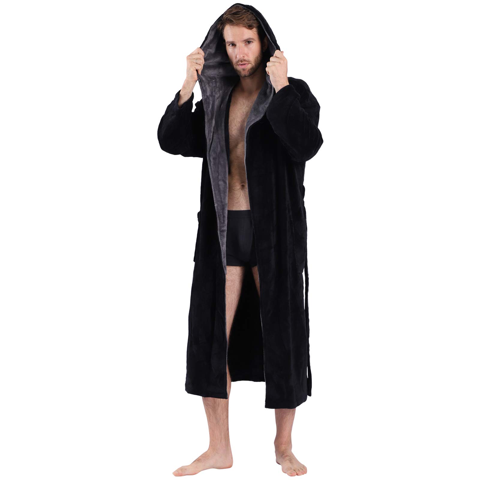 SeakananaMens Large Hooded Long Bathrobe with Chest Button,Big Tall Fleece Housecoat Extra Lightweight and Warm