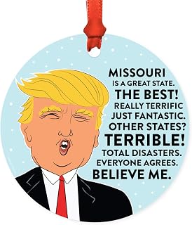 Andaz Press Round Natural Wood MDF Christmas Ornament Gift, Funny President Donald Trump, Missouri is a Terrific State, 1-Pack, Includes Ribbon, Keepsake Long Distance College