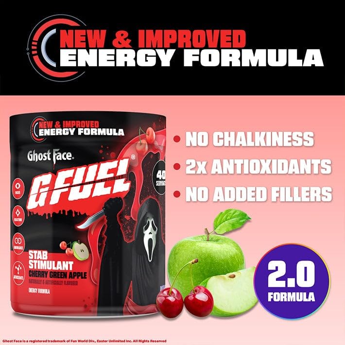 Image of G Fuel Ghost Face 2.0 Energy Drink Powder, Pre Workout Caffeine Mix for Gaming, Sugar Free Focus Amino, Vitamin + Antioxidants, 9.9oz (Cherry Green Apple, 40 Servings)