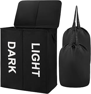 Maxsilan 145L Double Large Laundry Basket with Lid and Removable Laundry Bags, Collapsible 2 Section Tall Divided Clothes Laundry Hamper with Handles, Black