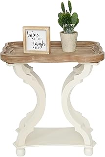 Accent Wood Farmhouse End Table Side Tables Nightstand Natural Tray Top and Distressed Carved Legs for Bedroom Living Room, White