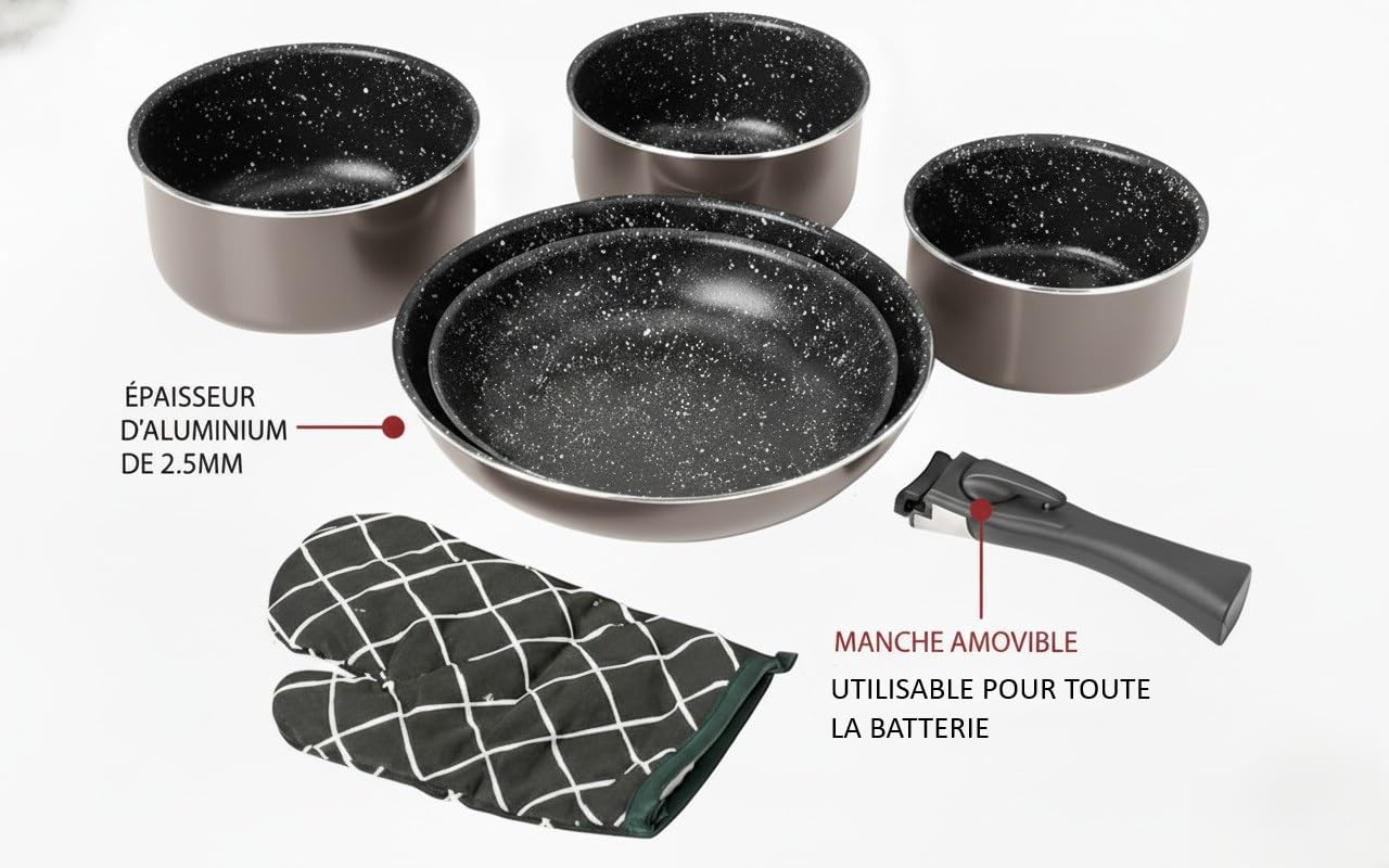 Herzberg Batterie de Cuisine 5 Pièces Aluminium Forgé, Cuivre | aluminium forgé, poignées amovibles, gant de cuisine inclus, compatible tous feux dont induction, antiadhésif