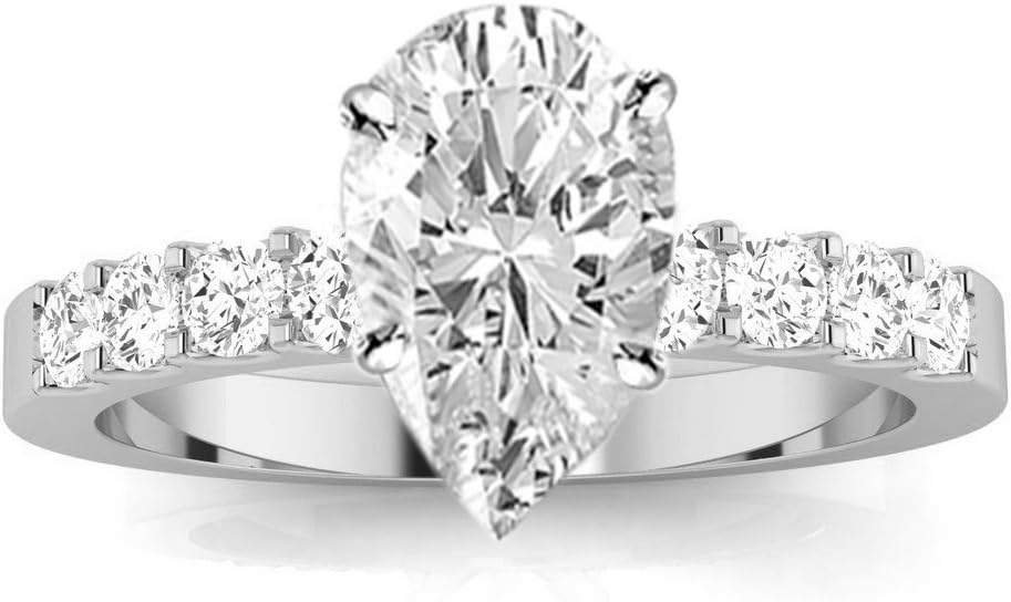 1 Carat 14K White Gold Classic Prong Set Round Pear Cut Diamond Engagement Ring (0.5 Ct F Color SI3 Clarity Center Stone)