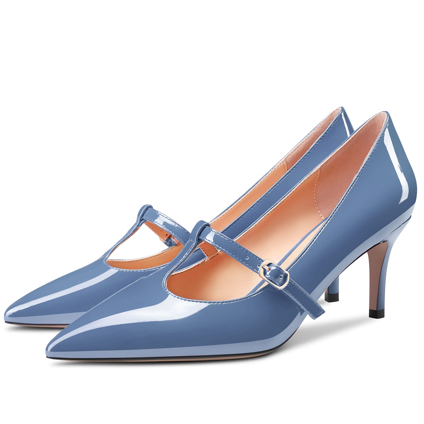 Aachcol Mujer Aguja Medio Bajos Heel Pumps T-Strap Slip-on Puntiaguada Punta Dress Zapatos Oficina Fiesta de Boda Charol 6.5 CM