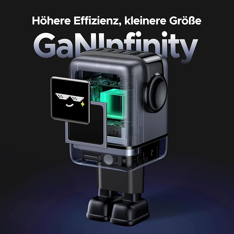 UGREEN UNO 100W GaN USB-C Töltő 4 Portos LED Kijelzővel - Robot Dizájn MacBook, iPad, iPhone, Galaxy Készülékekhez (Fekete)