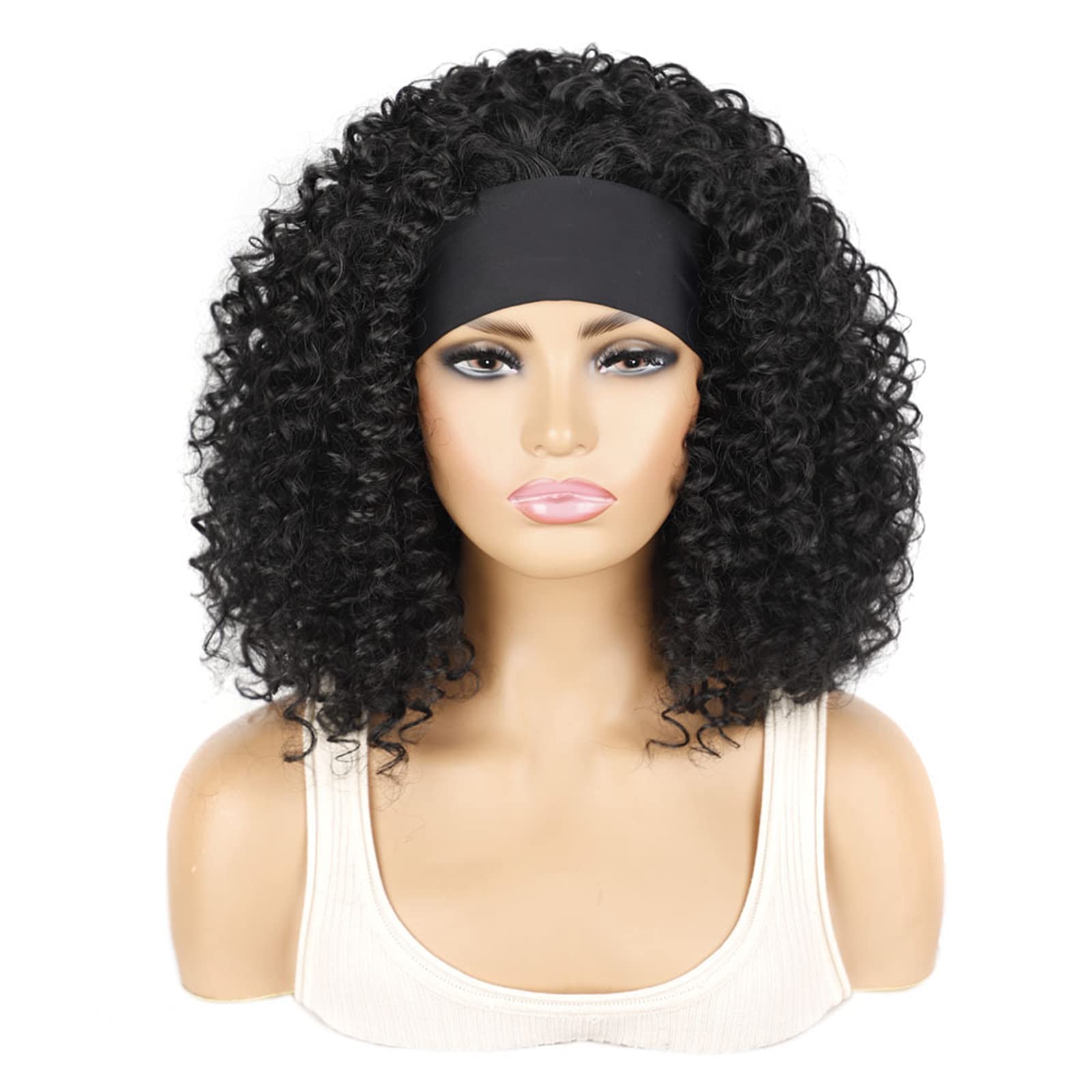 Perruque cheveux bouclés noirs LWZ style quotidien avec couvre-chef pratique