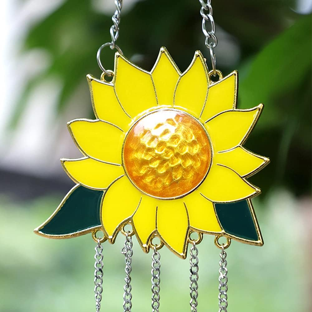 Sunflower Wind Chimes Ornaments, Small Beautiful Stained Glass Window Hanging Panel Decoration with Chain for Home Panel Patio Porch Garden Backyard Decor Gift(Size:30 x 8 cm) - Image 4