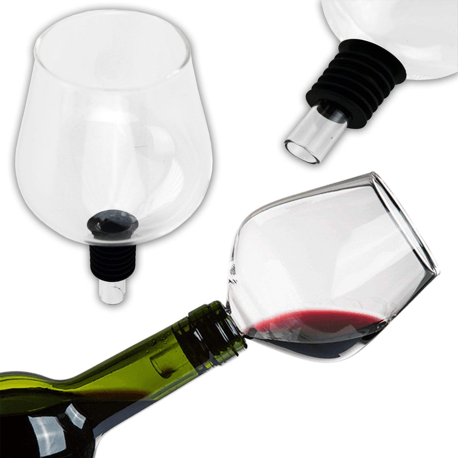 KOSxBO® Bottle attachment made of high-quality glass with silicone seal, ideal as a wine glass attachment for parties, weddings, JGA wine glass, party gadget, elegant joke item