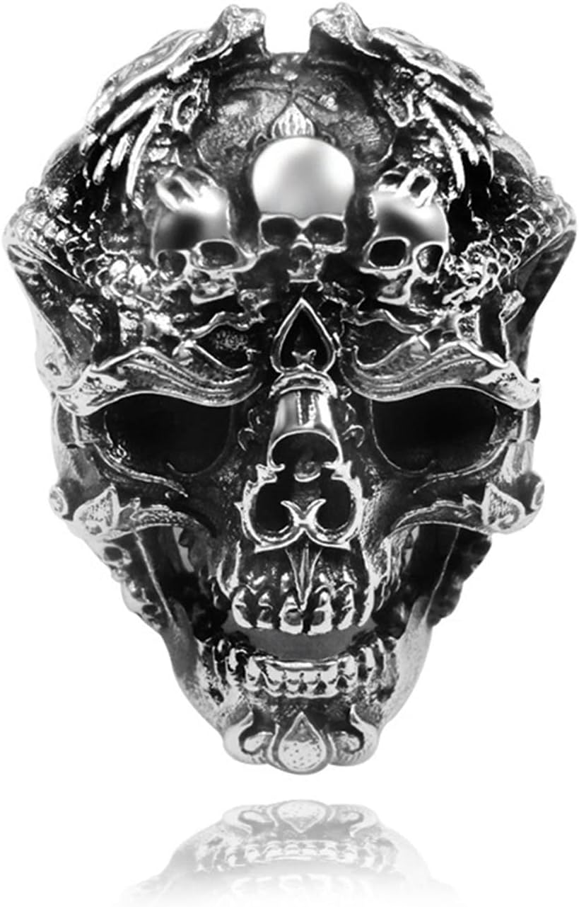 DDUANRing Men's Gothic Stainless Steel Silver Plated Handmade Men's Skull Ring Stereo Engraving Vintage Punk Skull Mask
