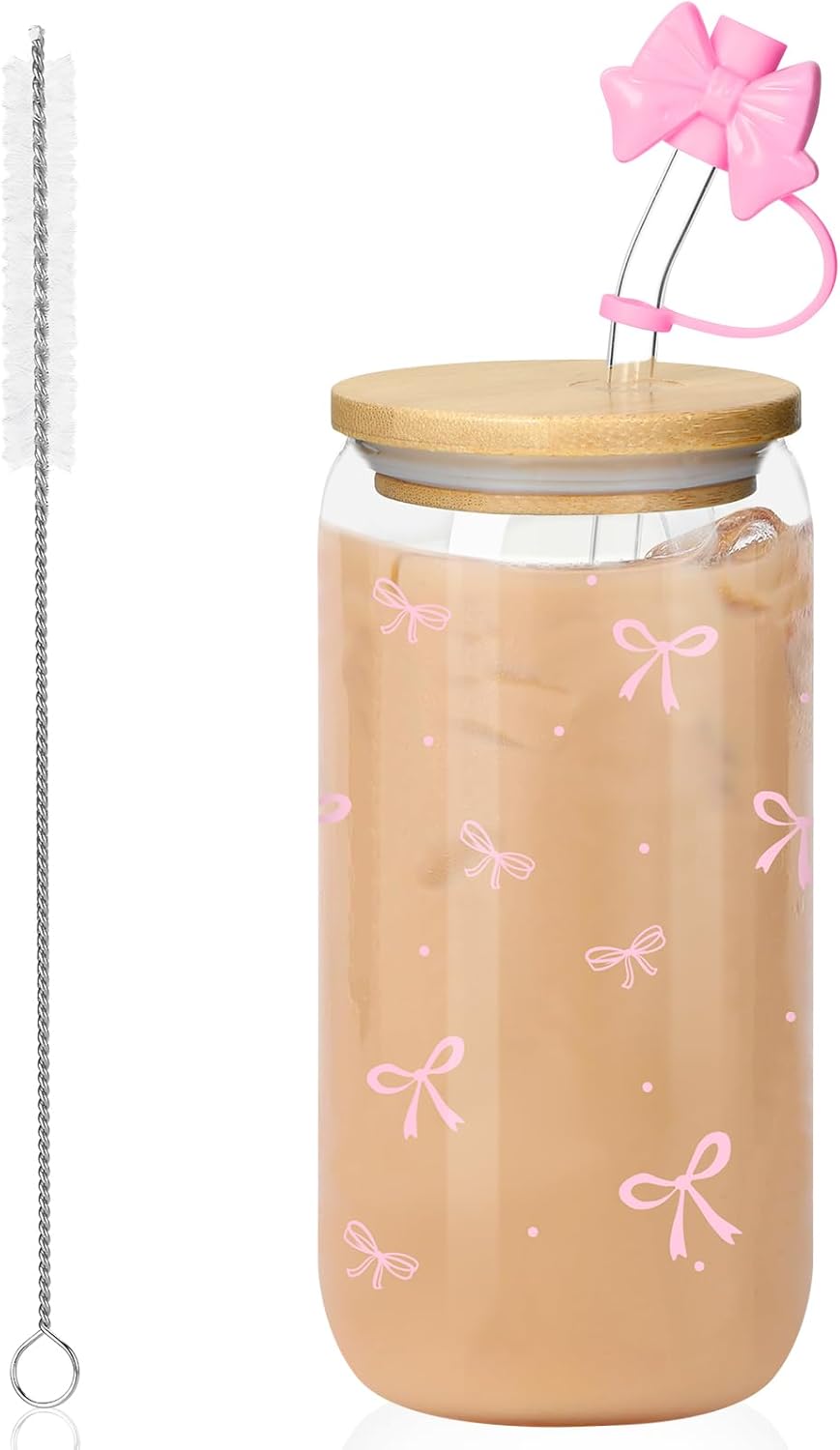 Vaso de Vidrio con Lazo Rosa, Tapa y Sorbete 16 oz