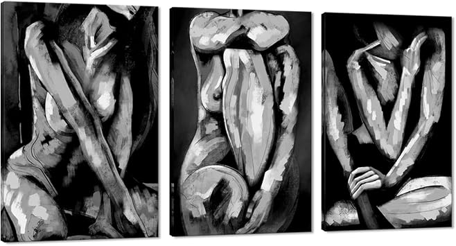 Novatique Sexy Wall Art Black and White Sexy Pictures Wall Decor Modern Women Body Painting Nude Art Abstract Canvas Print for Bedroom Living Room Ready to Hang, 24 x 36 x 3Pcs
