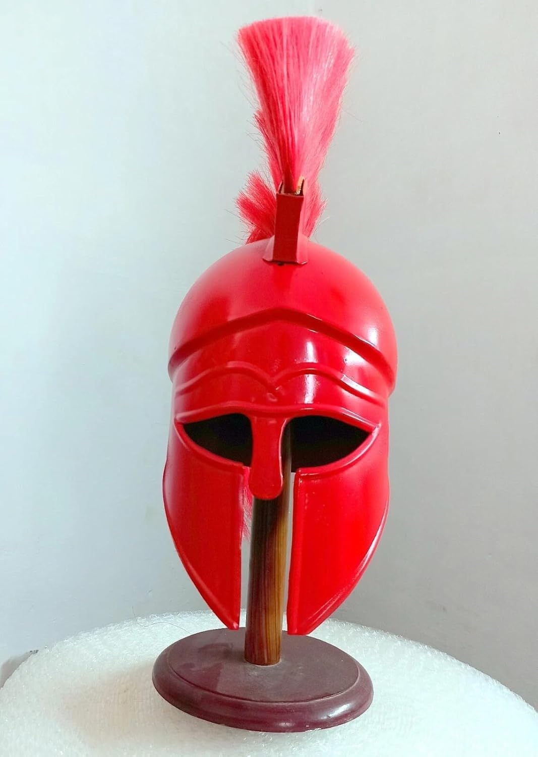 Medieval Roman Corinthian Helmet, Red Metal Construction with Horsehair Plume, One Size Fits Most Adults, Display Stand Included, Gladiator Theme, 14 Years and Up