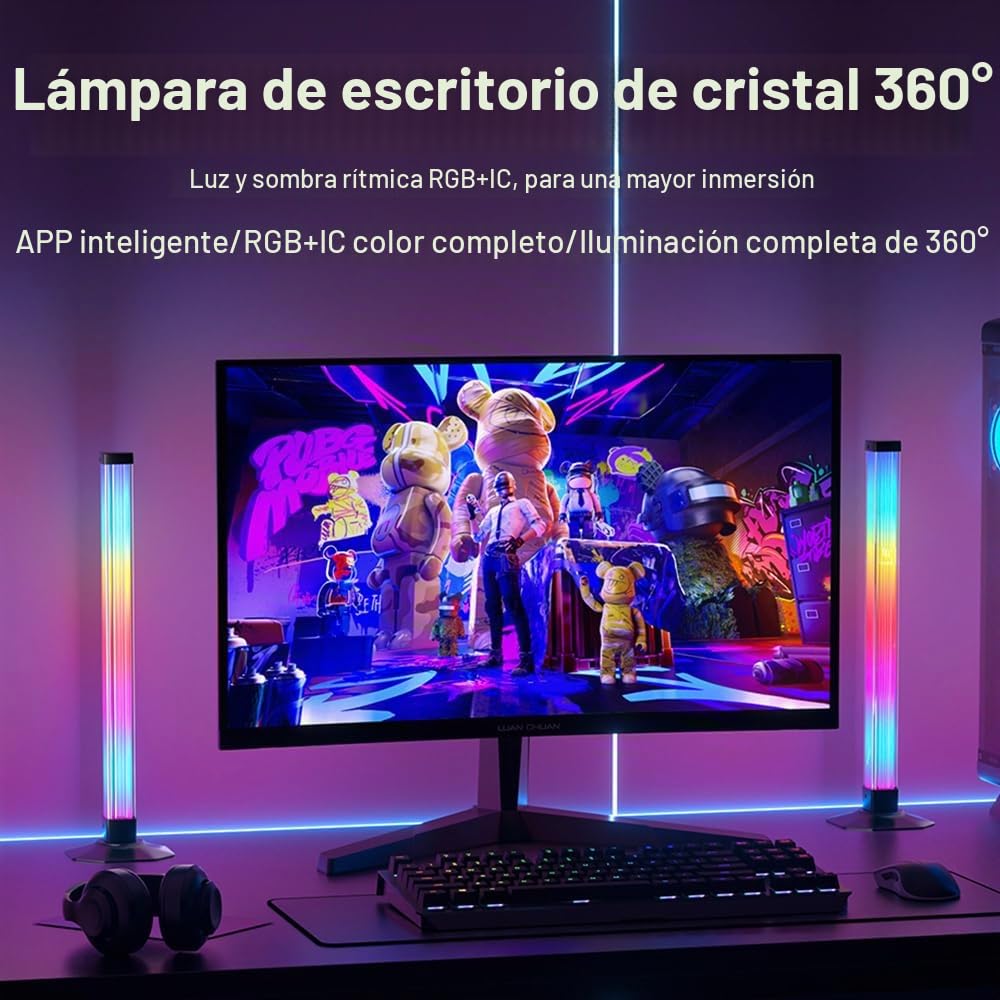 Barra LED RGBIC 43cm, Retroiluminación TV 360°, Pack de 2 | Luz 360 Grados; Largo de 43 cm, Sincronización Música; Efectos RGBIC; Puerto USB 5V; Control por Cable y App