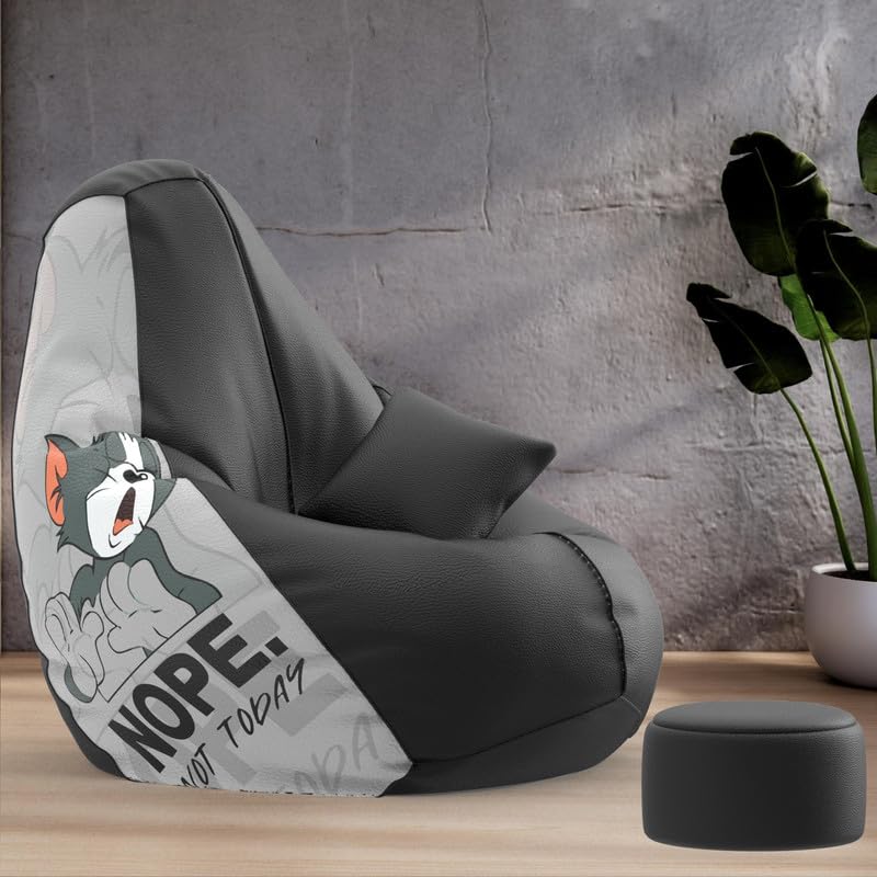 Biggie Bean Bag 5XL Bean Bag Chair with Beans Filled - Bean Bag Sofa with Footrest - Not Today Black Printed Bags for Living Room, Bedroom - Free Cushion & Footrest - Printzen Combo - Faux Leather