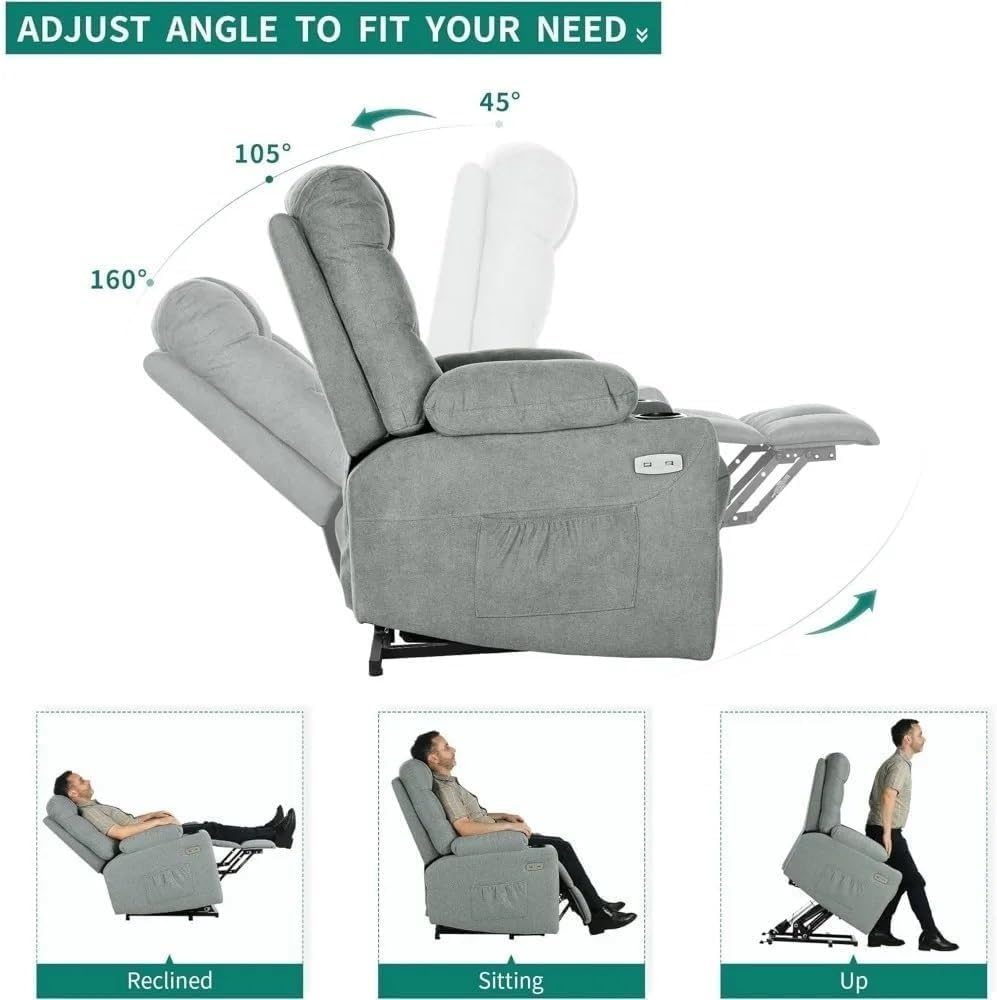 Electric Lift Recliner Chair for Elderly with Heat and Massage Spacious Fabric Recliner Seat with USB Ports for Home Theater Seating