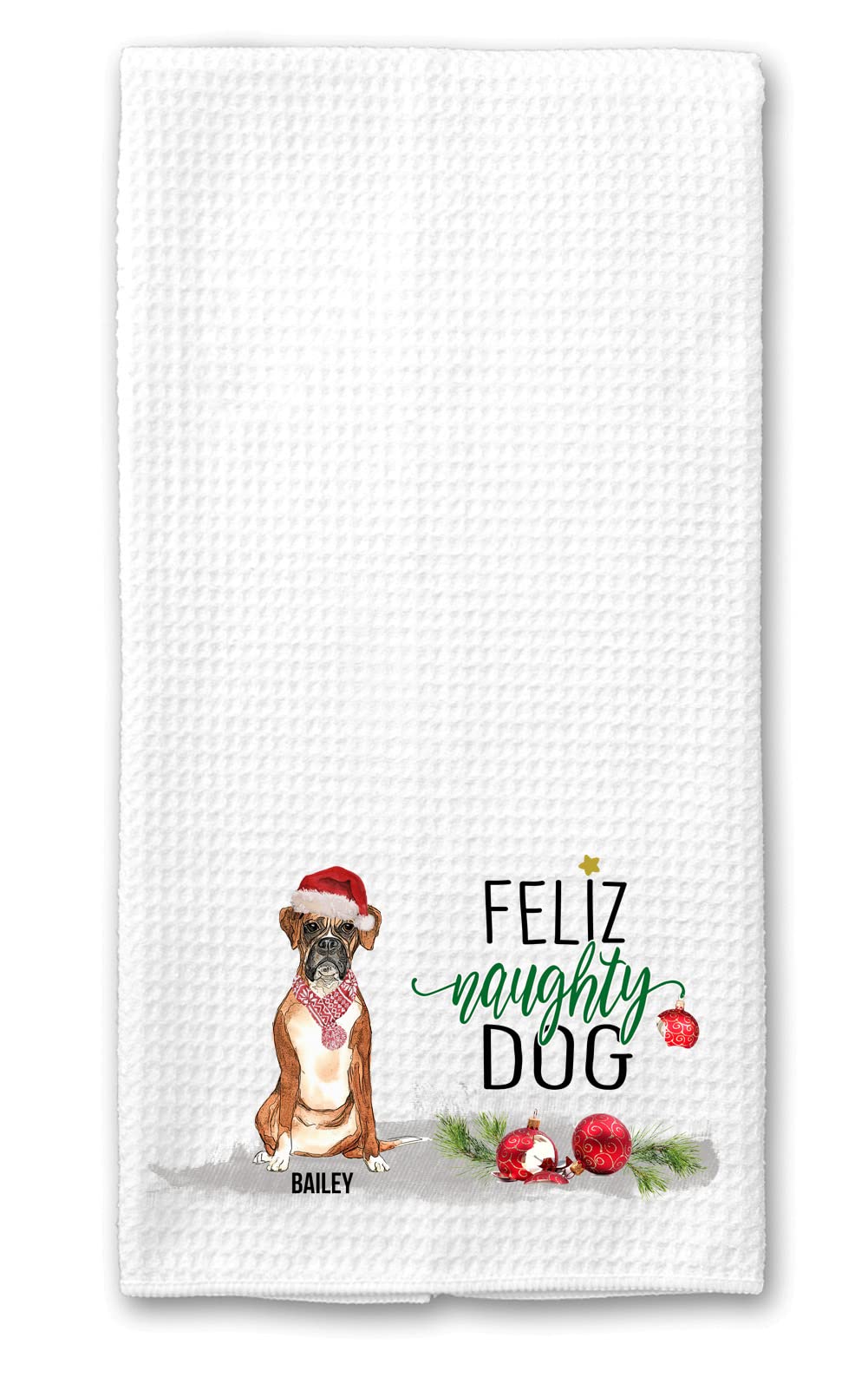 The Creating Studio Personalized Boxer Feliz Naughty Dog Christmas Waffle Weave Kitchen Towel, 16"x24" (White Towel, No Name)
