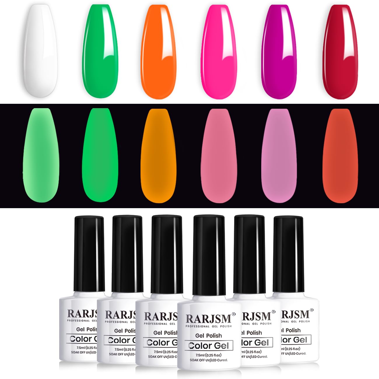 RARJSM Glow in The Dark Gel Nail Polish Set - Neon 6PCS Fluorescent Green, Orange, Hot Pink, Purple, Red Gel Nail Polish - Soak off UV Glow in Dark