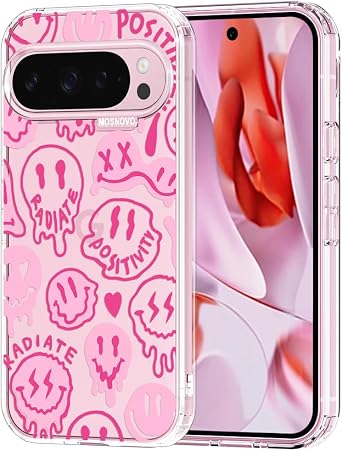 MOSNOVO Case for Google Pixel 9 & Pixel 9 Pro, [Buffertech 6.6ft Military-Grade Drop Protection] [Anti Peel Off Tech] Clear TPU Bumper Phone Case Cover Design - Pink Dripping Smiles