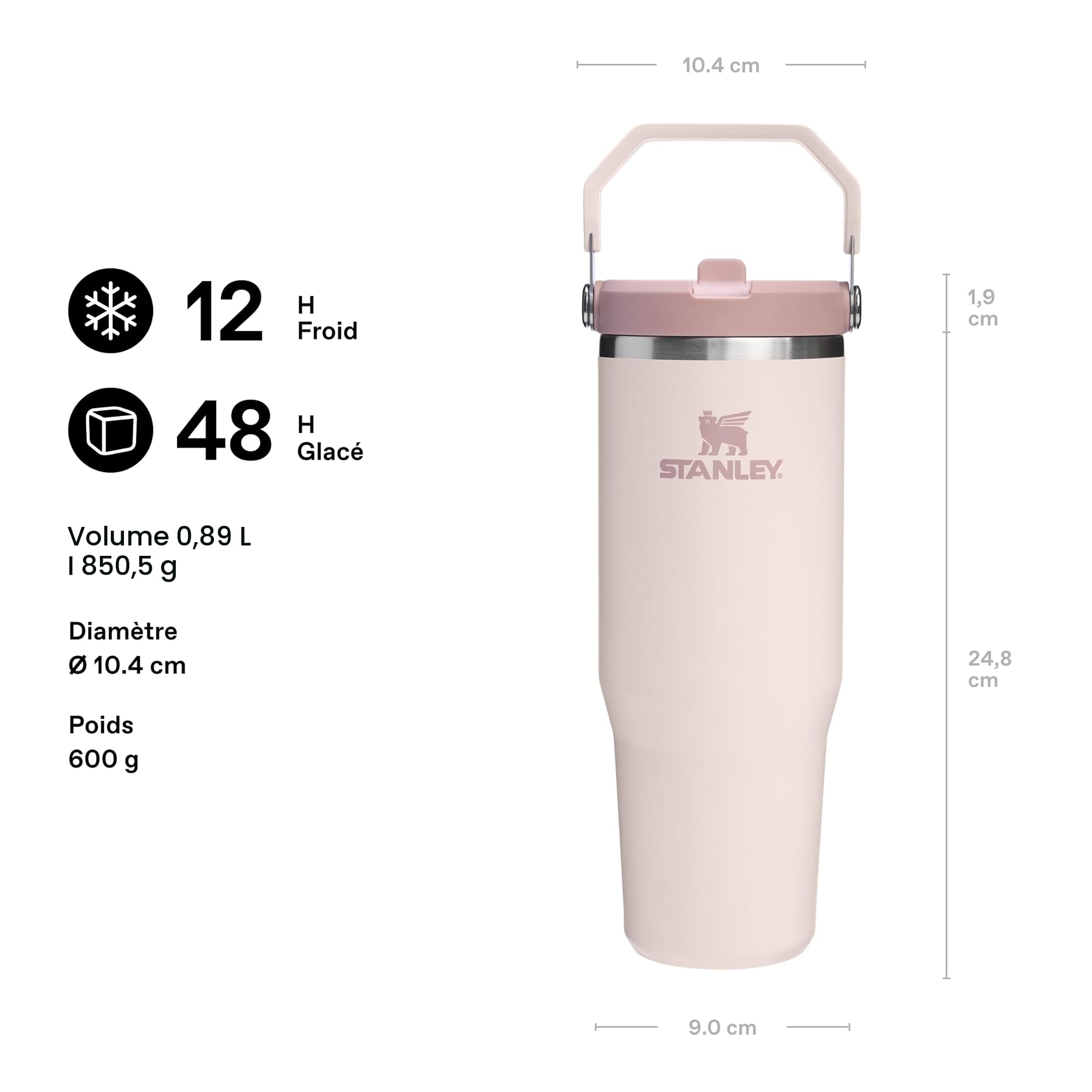 Stanley Flip Straw Tumbler 1.0 Gourde Avec Paille 0.89L - Froid Pendant 12 Heures - Gourde Isotherme - Sans BPA - Thermos Facile à Transporter - Va au Lave-Vaisselle - Rose Quartz
