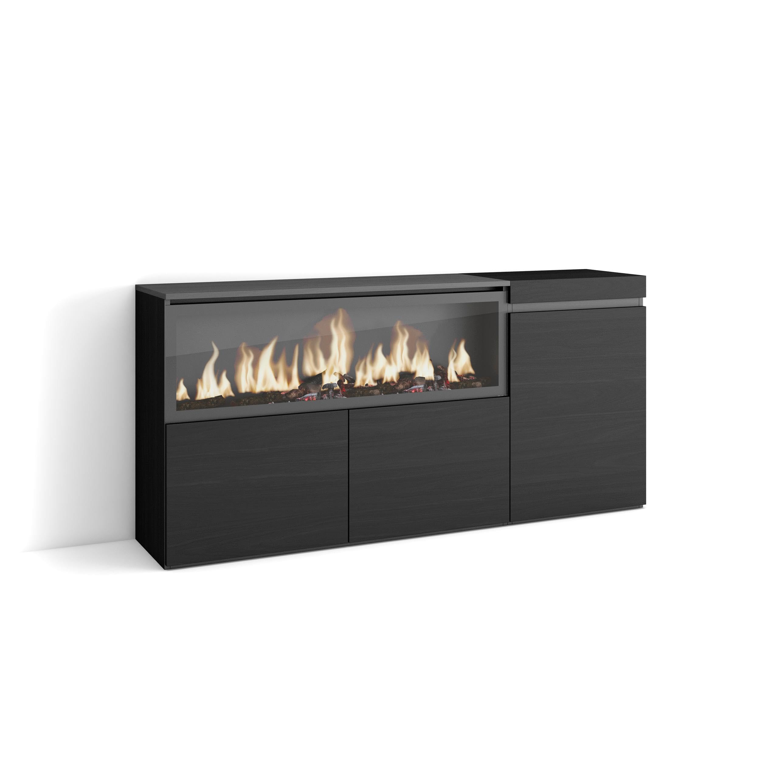 Skraut Home | Buffet Salon et Cuisine | Meuble de Rangement, Commode | 160 | 3 Portes | Cheminée électrique XXL | Style Moderne | Noir