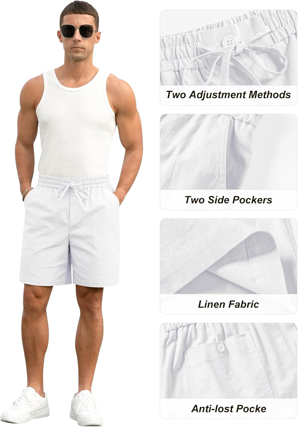 RQP Mens Cotton Linen Shorts Casual Drawstring 7inch Inseam Shorts Stretch Summer Beach Wear - Image 5