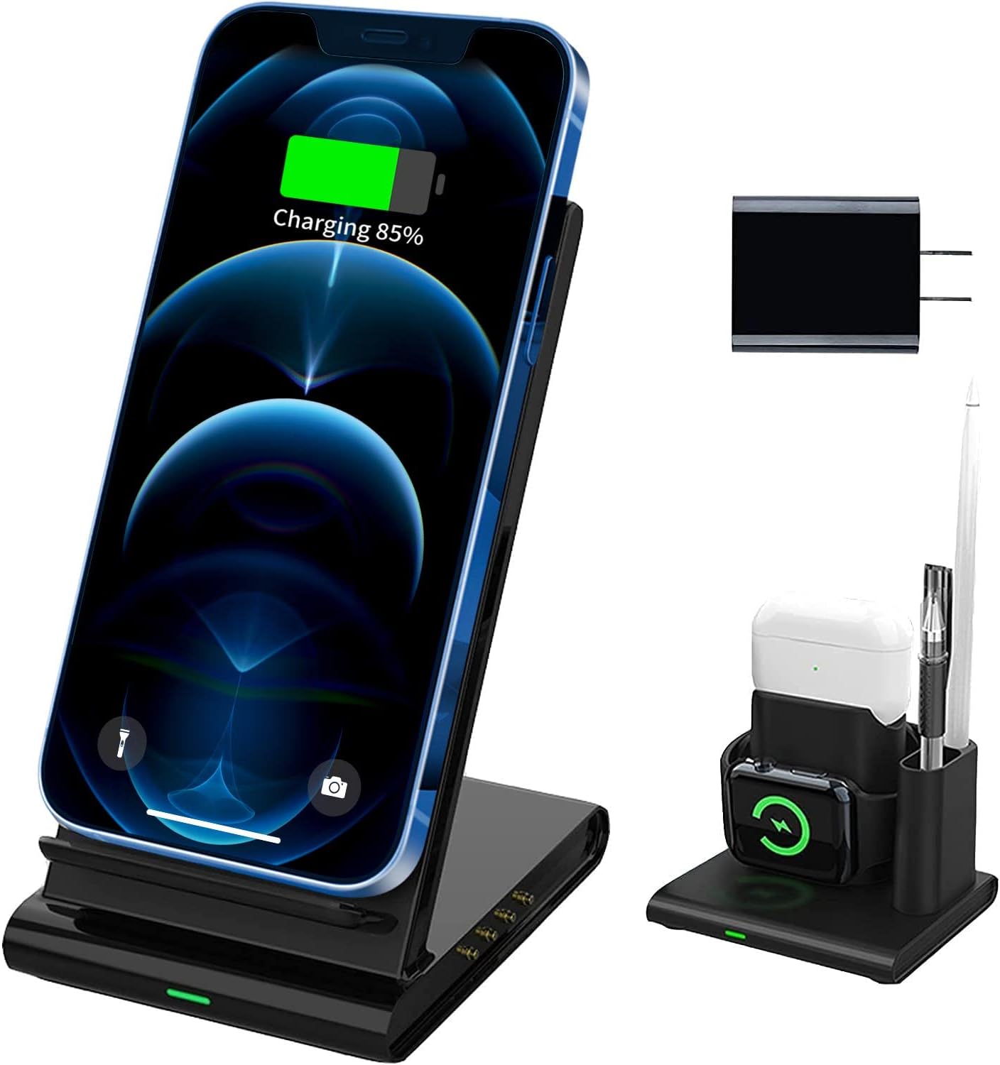 Wireless Charger, 4 in 1 Fast Wireless Charger for iPhone 13/12/11/Pro/Max/XS/XR/X, iWatch 6/SE/5/4/3/2/1, Airpods Pro/2/Pencil (with AC Adapter)