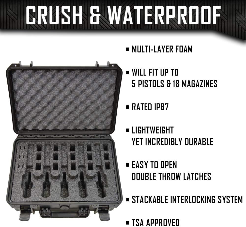 5 Pistol 18 Magazine Doro Gun Case with Custom MyCaseBuilder Foam Insert - Waterproof, Heavy Duty - Tactical Firearms and Ammunition Holder, 18 x 14 x 7 Inches