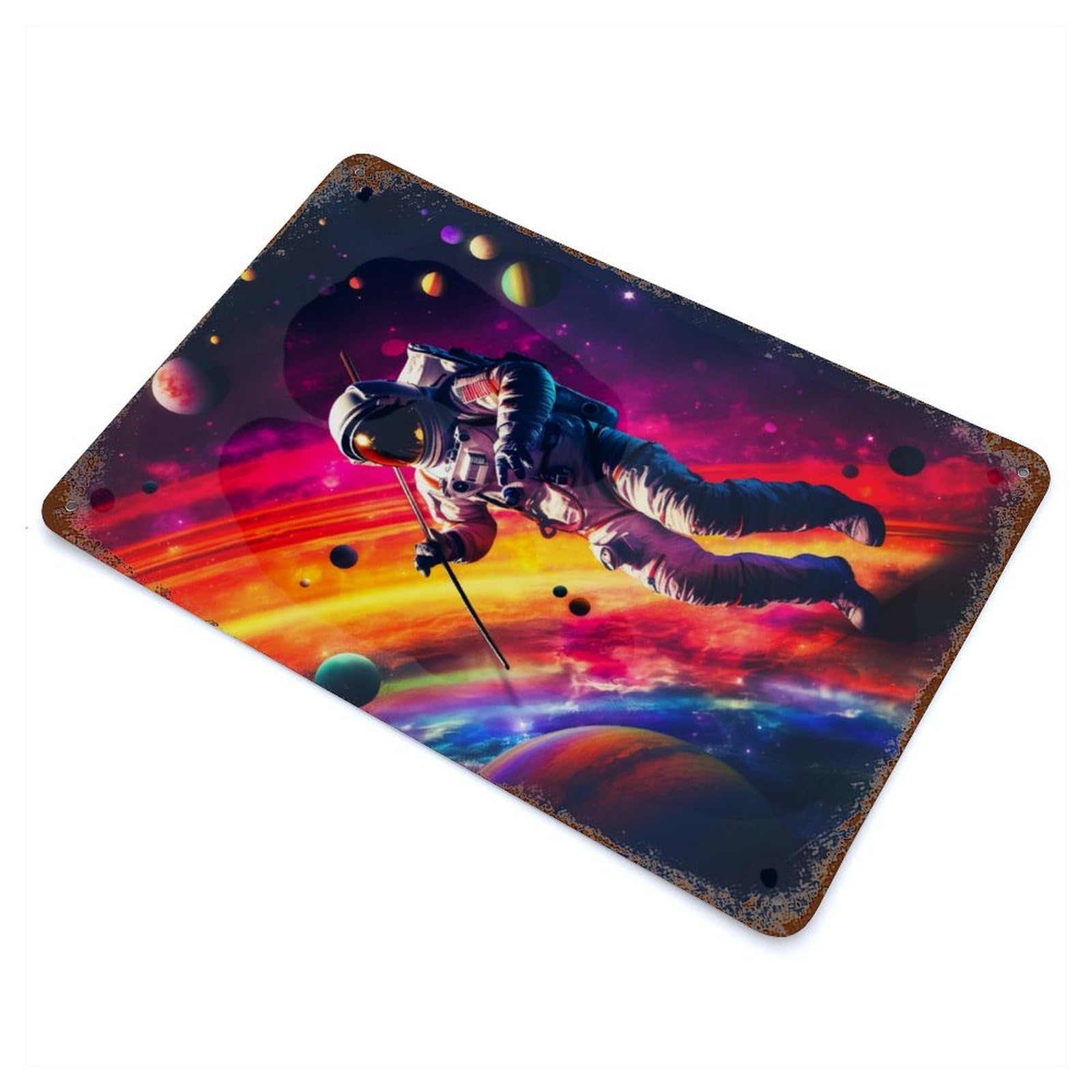 Nebula Astronaut Vintage Wall Sign 11.8"x7.9", Rust Effect Metal Decor for Living Room, Hallway And Home Decor